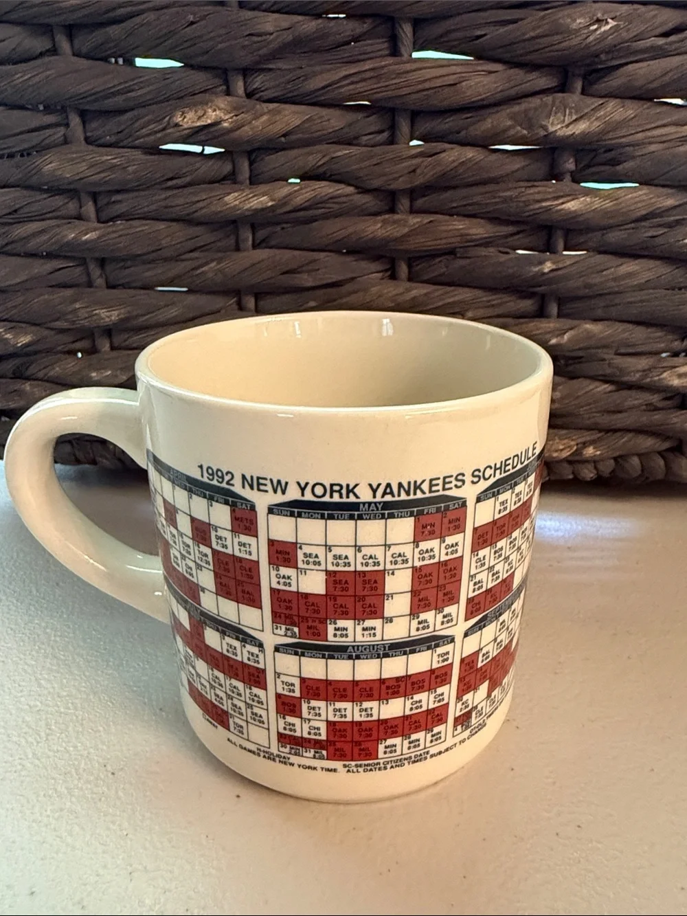 Vintage 1992 MLB New York Yankees Cream Mug with Red and Blue Logo